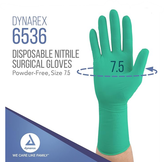 Dynarex Sterile Nitrile Surgical Gloves, Powder-Free and Puncture-Resistant Nitrile Gloves, 5-8 Mil, Sizes 6/6.5/7/705/8, White, Box of 50 or Case of 200