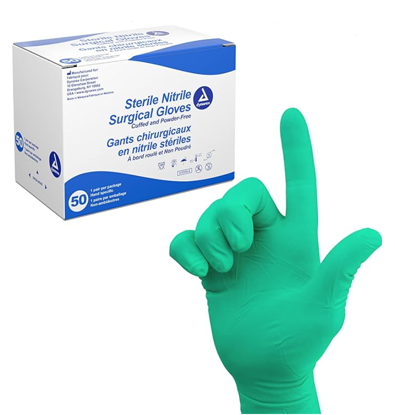Dynarex Sterile Nitrile Surgical Gloves, Powder-Free and Puncture-Resistant Nitrile Gloves, 5-8 Mil, Sizes 6/6.5/7/705/8, White, Box of 50 or Case of 200