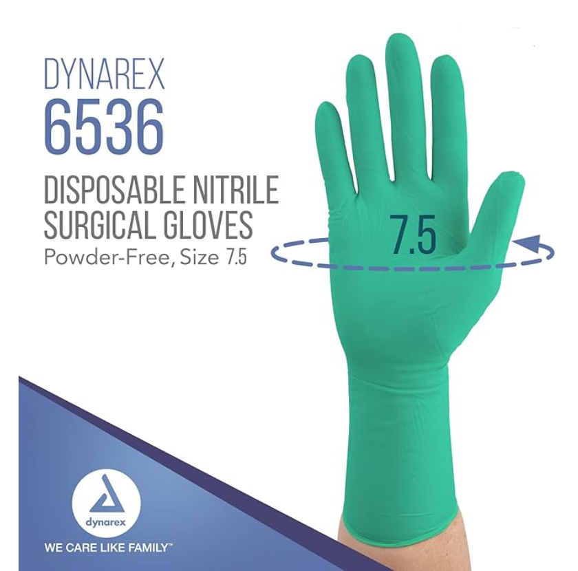 Dynarex Sterile Nitrile Surgical Gloves, Powder-Free and Puncture-Resistant Nitrile Gloves, 5-8 Mil, Sizes 6/6.5/7/705/8, White, Box of 50 or Case of 200