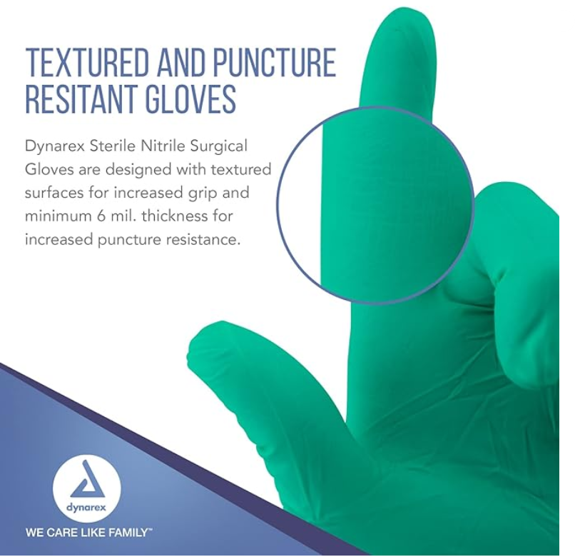 Dynarex Sterile Nitrile Surgical Gloves, Powder-Free and Puncture-Resistant Nitrile Gloves, 5-8 Mil, Sizes 6/6.5/7/705/8, White, Box of 50 or Case of 200