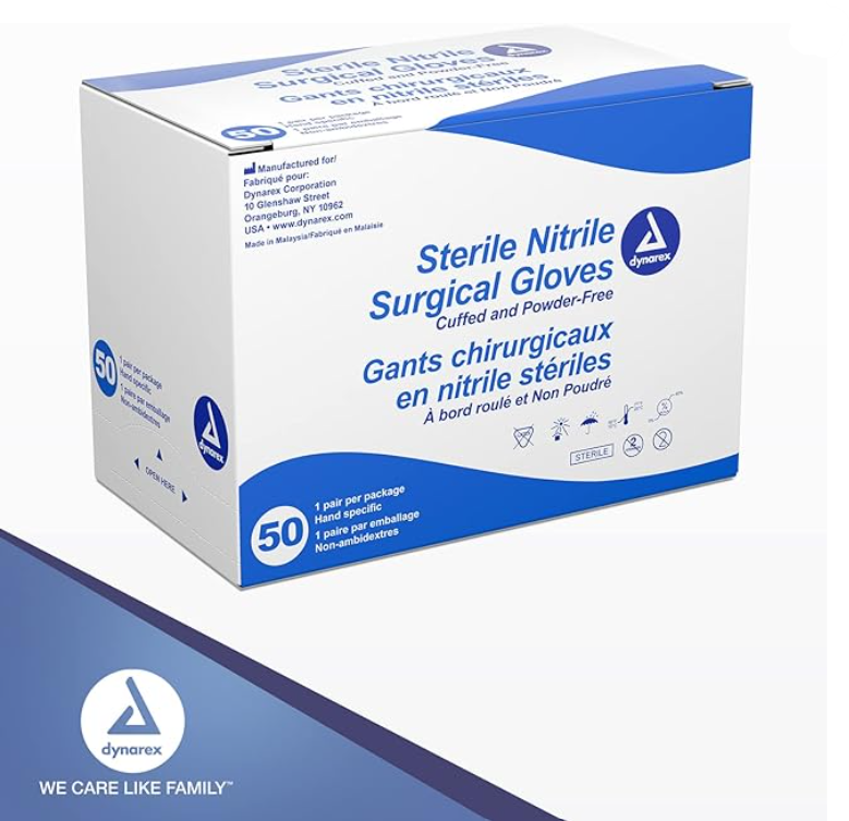 Dynarex Sterile Nitrile Surgical Gloves, Powder-Free and Puncture-Resistant Nitrile Gloves, 5-8 Mil, Sizes 6/6.5/7/705/8, White, Box of 50 or Case of 200